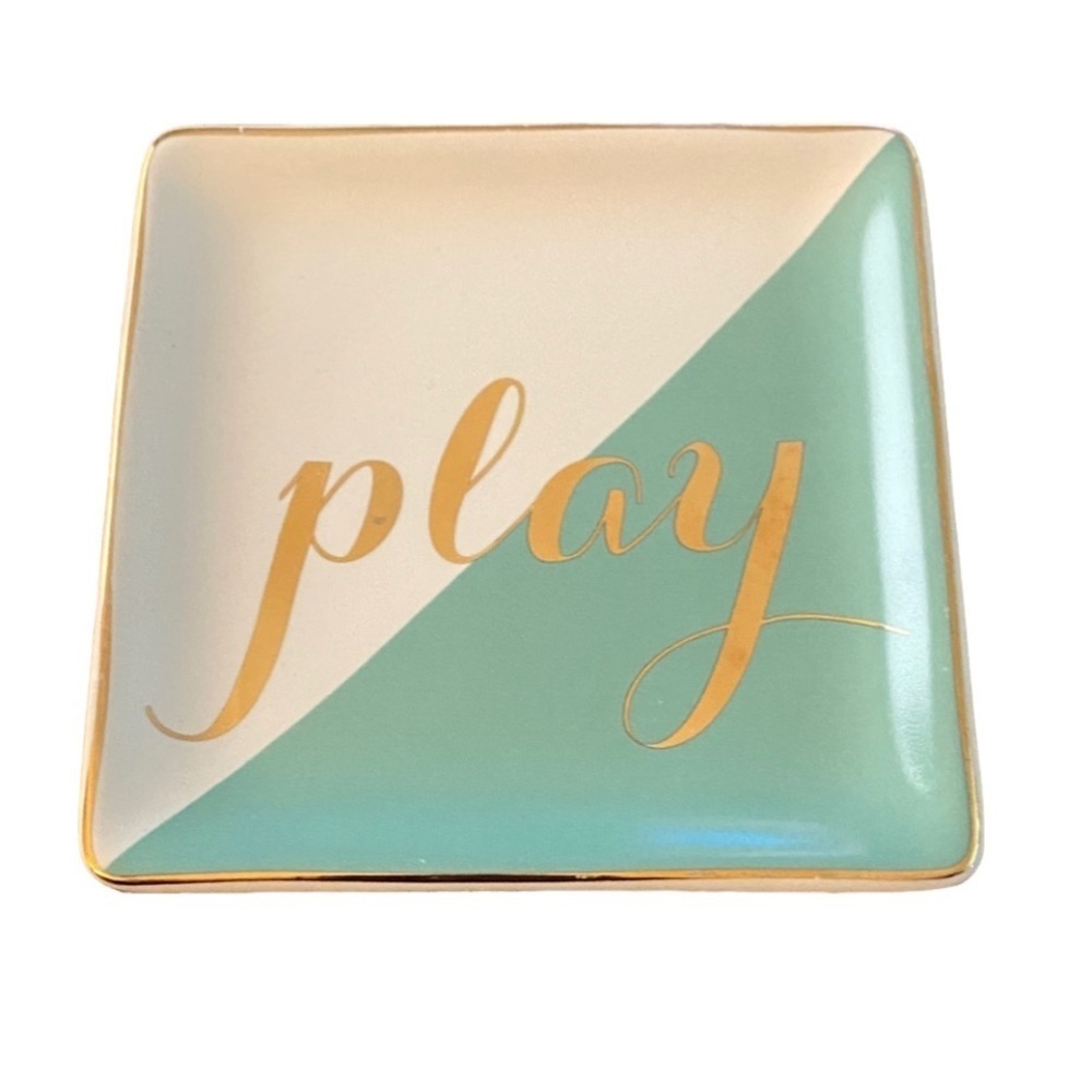 DOGHAUS Gold and Teal Decorative Trinket, Jewelry Tray. Aqua, Off White. Gold.